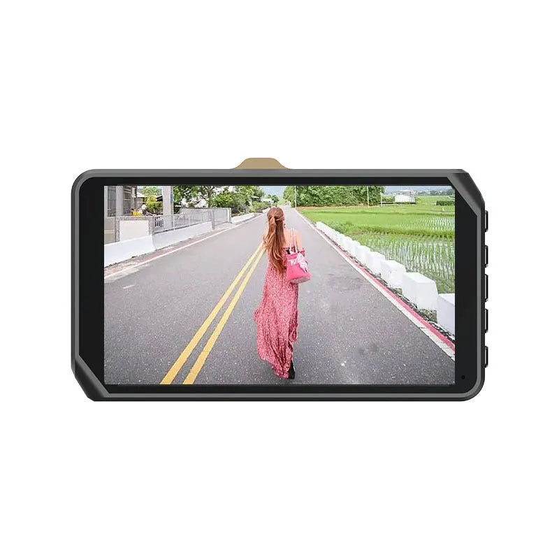 4 inch front and rear dual lens dash cam with touch screen display showing vehicle footage