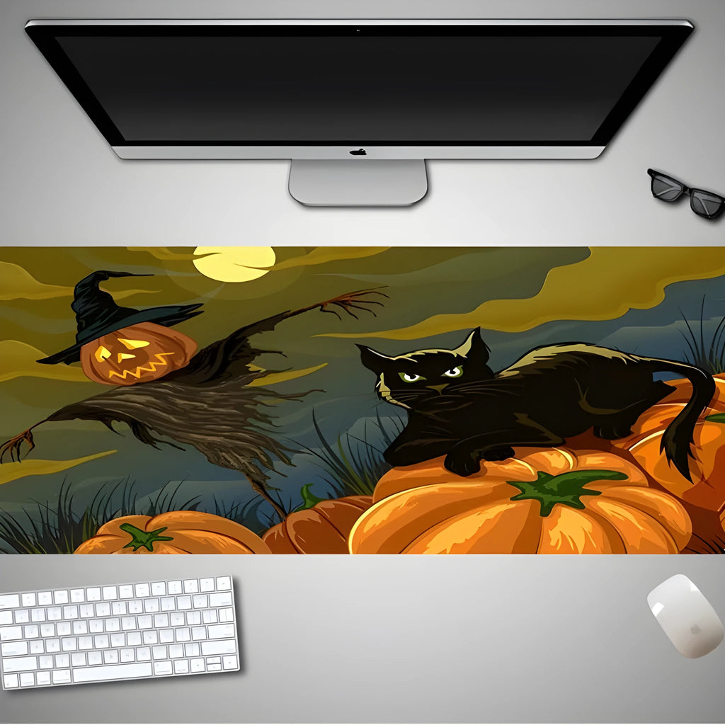 Oversized Halloween-themed rubber cloth gaming mouse pad on a desk.