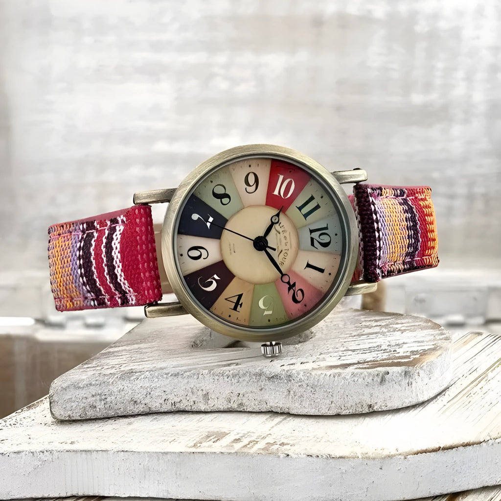 Ladies watch with rainbow pattern multicolor dial and antique bronze metal case on woven PU leather strap