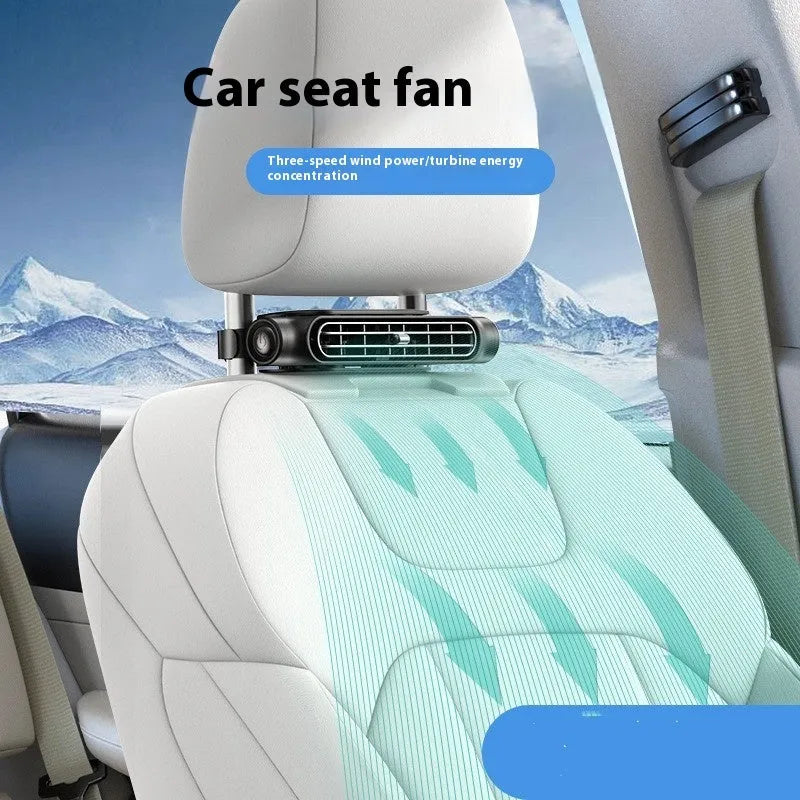 USB car fan with Velcro strips mounted on a car seat, showing the no-blade design and control button.