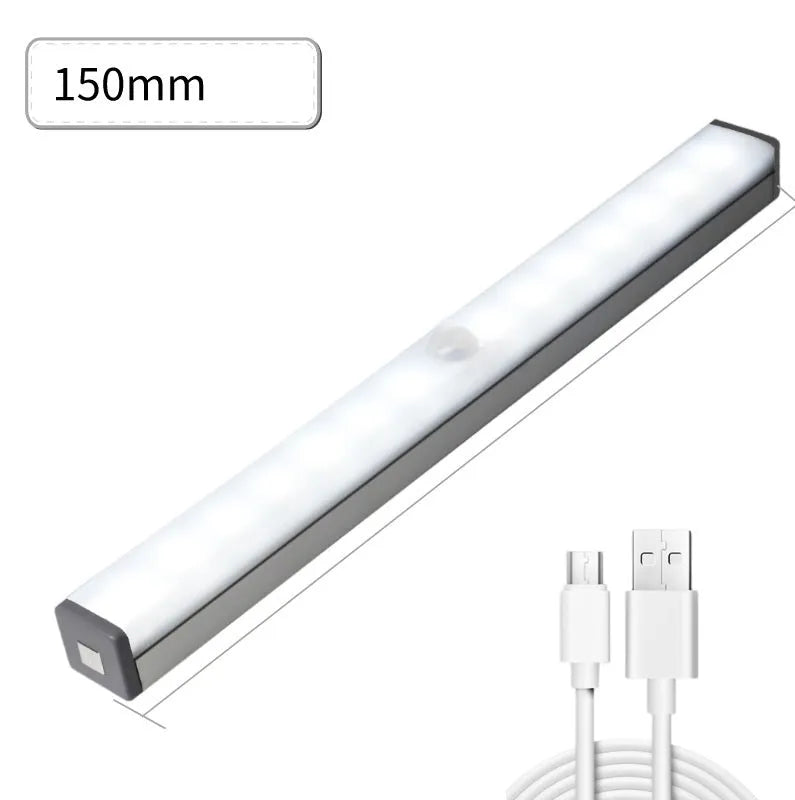 Silver aluminium LED closet light with motion sensor and magnetic back, shown illuminating a wardrobe.