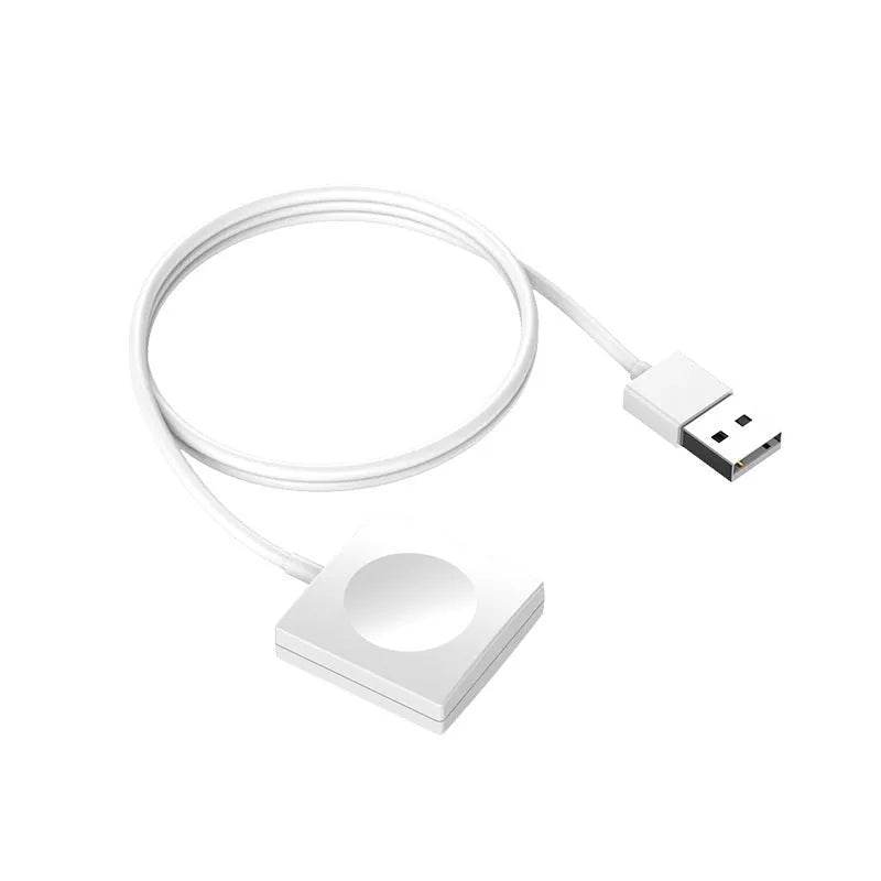 White portable wireless charging dock station for Apple Watch with USB cable.