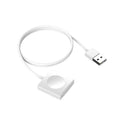 White portable wireless charging dock station for Apple Watch with USB cable.