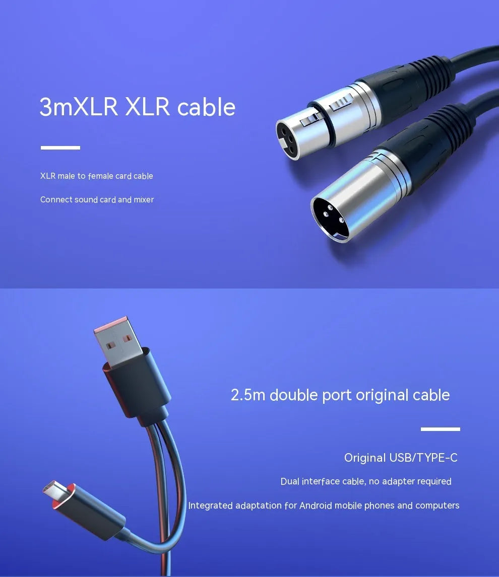 Dynamic noise reduction microphone in black, pink, or white with XLR and USB cables on a desk.