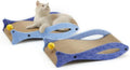 Blue fish-shaped cat scratcher lounge with bell ball toy on elastic cord