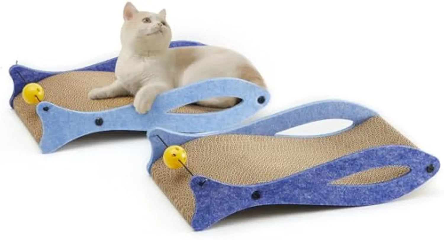 Blue fish-shaped cat scratcher lounge with bell ball toy on elastic cord