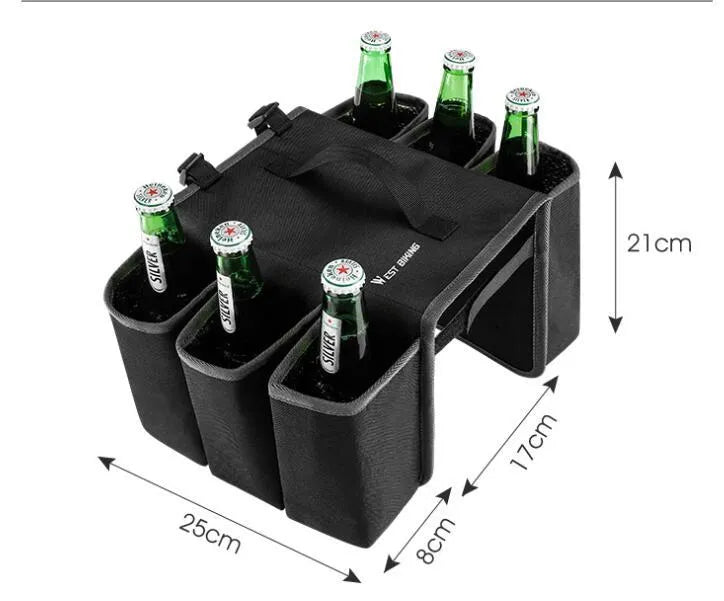 Black and orange double-sided bicycle beverage bag mounted on bike shelf with 2L capacity