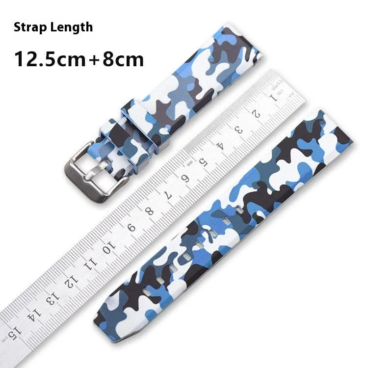Camouflage silicone watch strap in green, blue, and grey patterns showing flat head lugs and 20mm 22mm 24mm size options