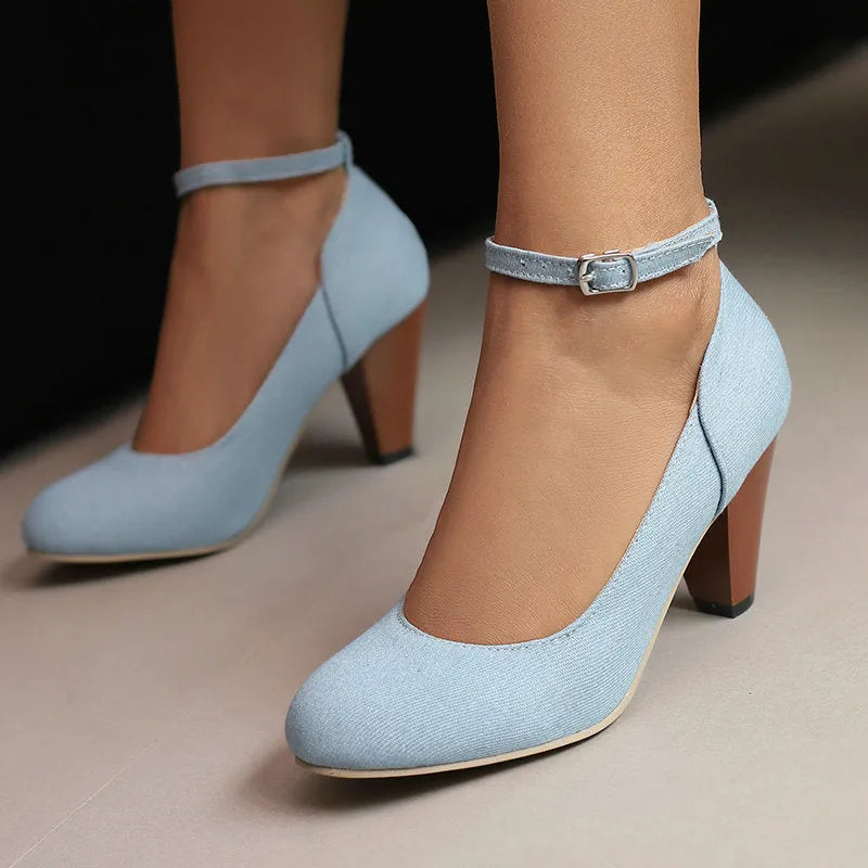 Blue denim women's platform high heel shoes with ankle buckle strap on rubber sole