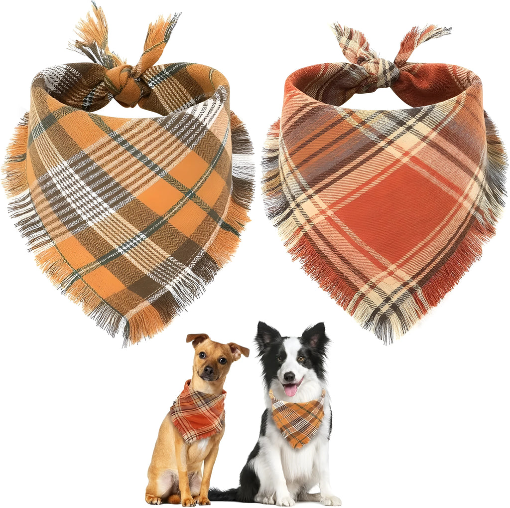 Plaid triangle dog bandana with tassels in autumn colours on a dog's neck.