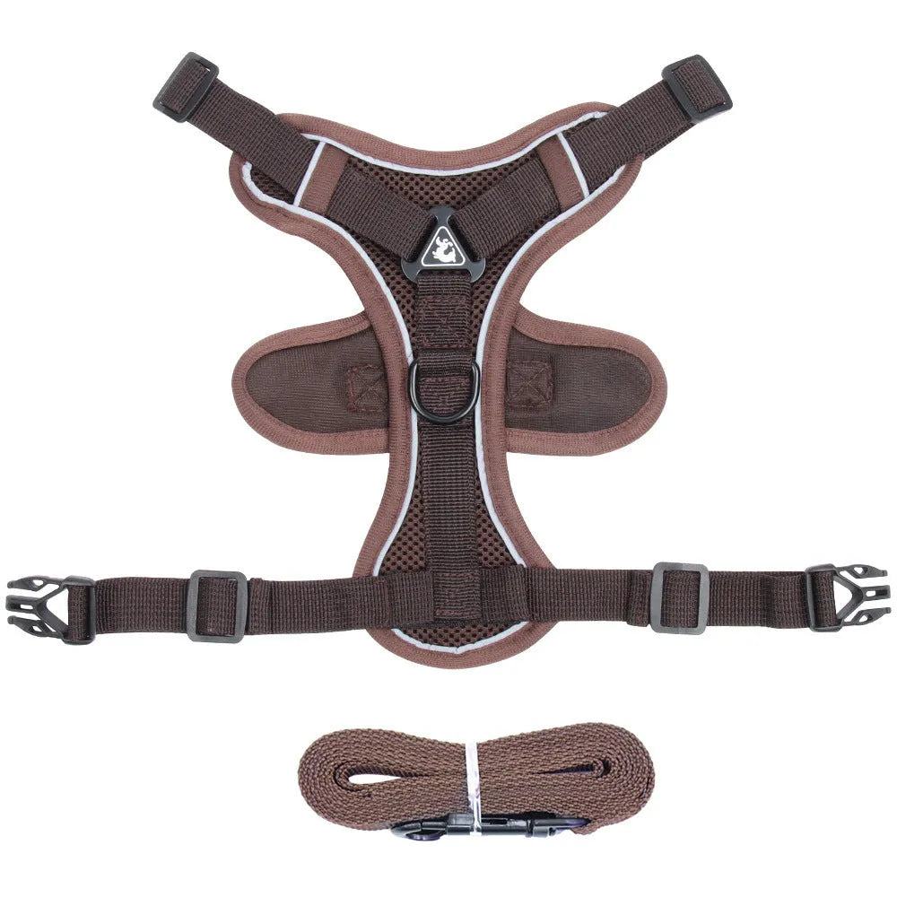 Adjustable mesh cat harness with reflective strips in blue, coffee and grey colours