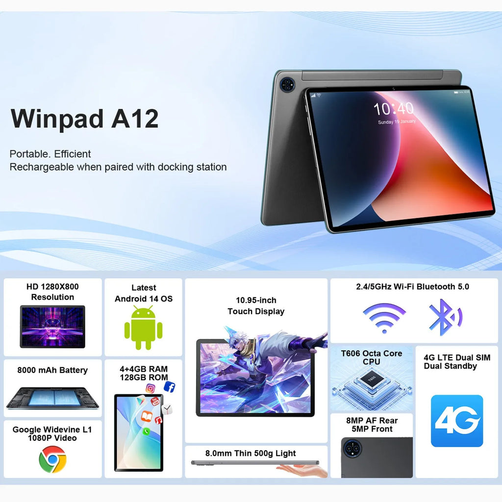 10-inch tablet PC in bare metal blue with leather keyboard case open on desk
