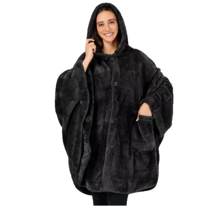 Thick hooded long sleeve bathrobe in a cardigan style, shown in black, dark grey, and pink colours.