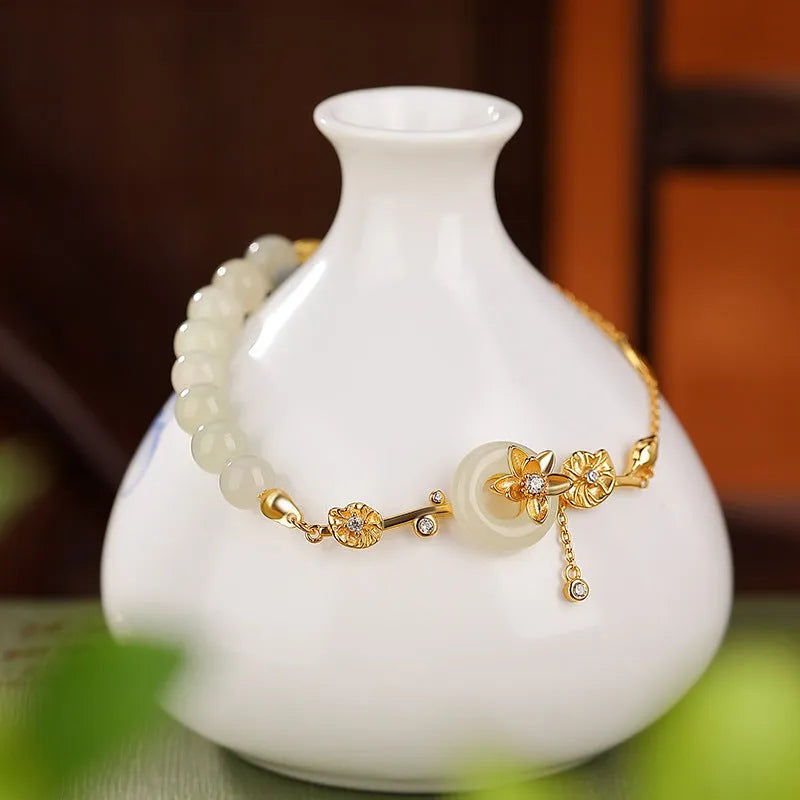 Hetian jade and 925 silver peace buckle bracelet for women in retro style.