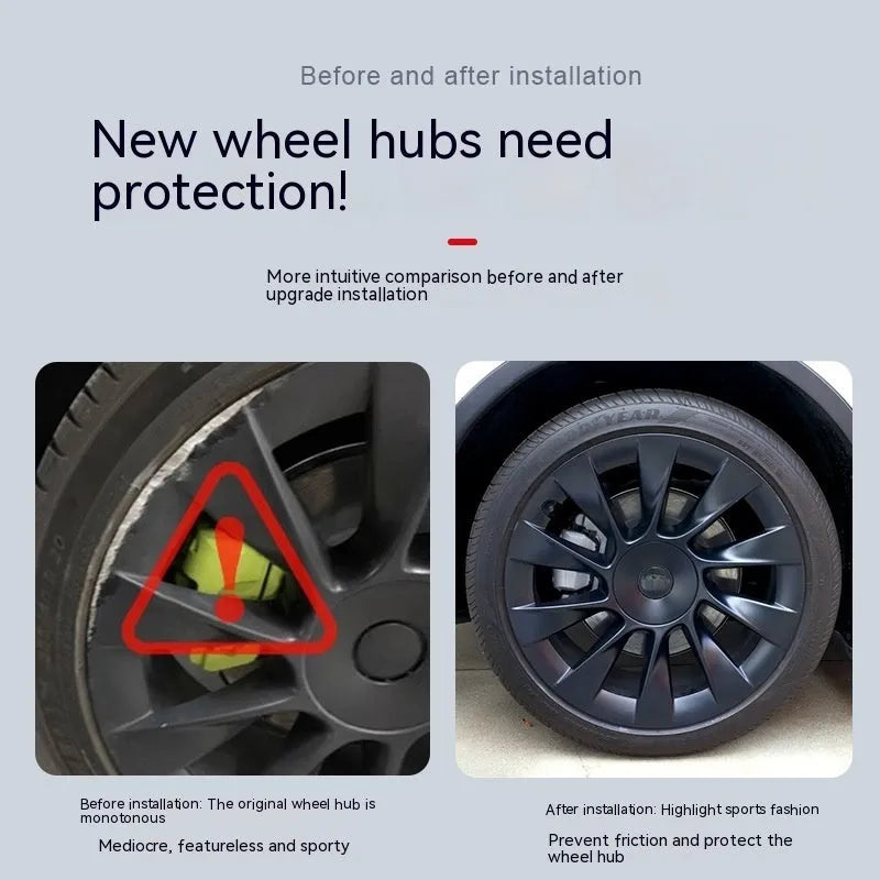 Set of four plastic wheel hub covers for a Tesla Model Y, showing black, white, red, and carbon fibre pattern options.