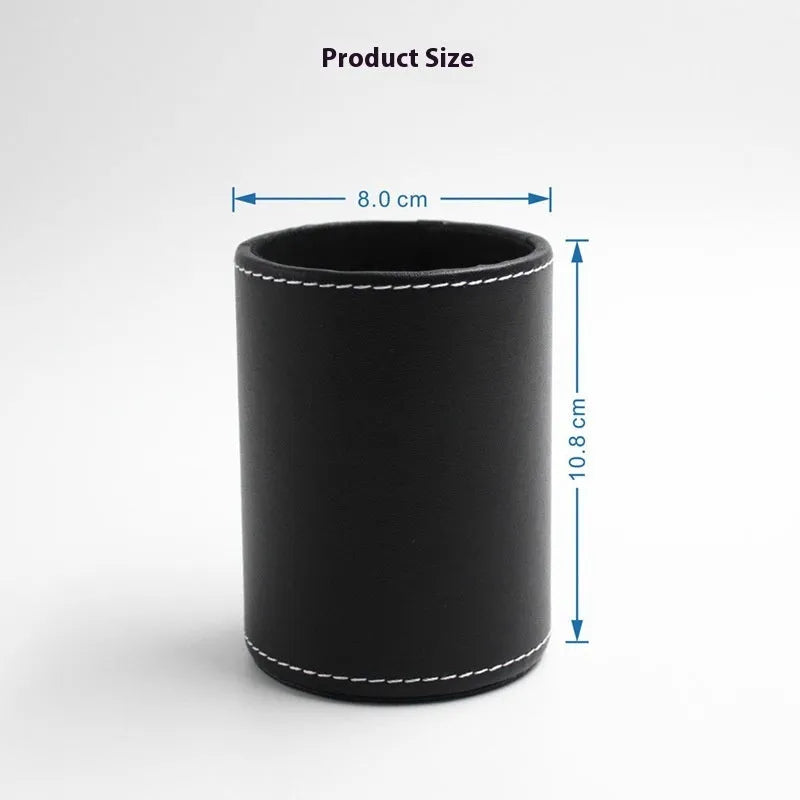 Round black leather pen holder with 8cm diameter and 10.8cm height cylindrical design