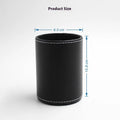 Round black leather pen holder with 8cm diameter and 10.8cm height cylindrical design