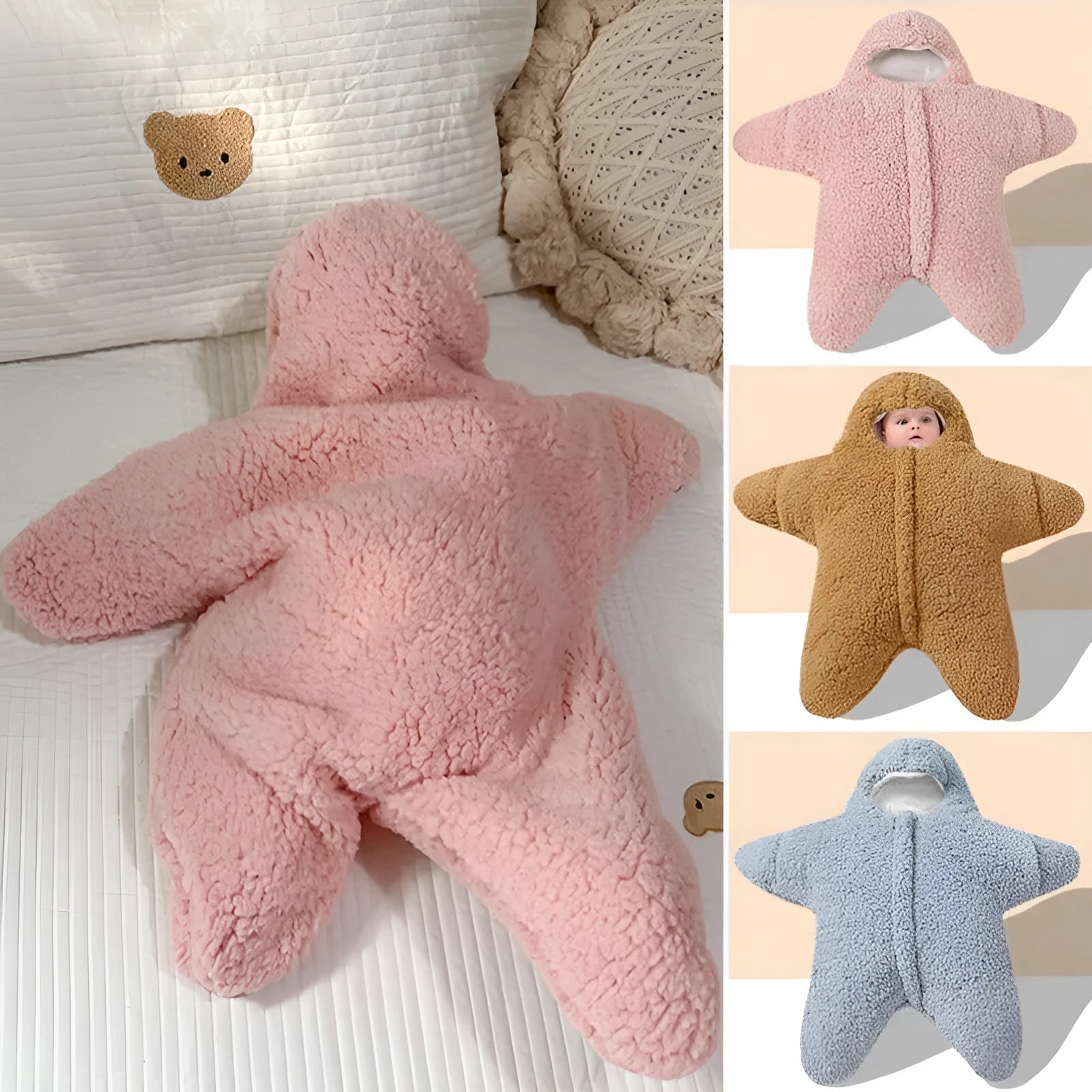 Baby starfish lamb velvet sleeping bag in pink colour with hood and zip opening