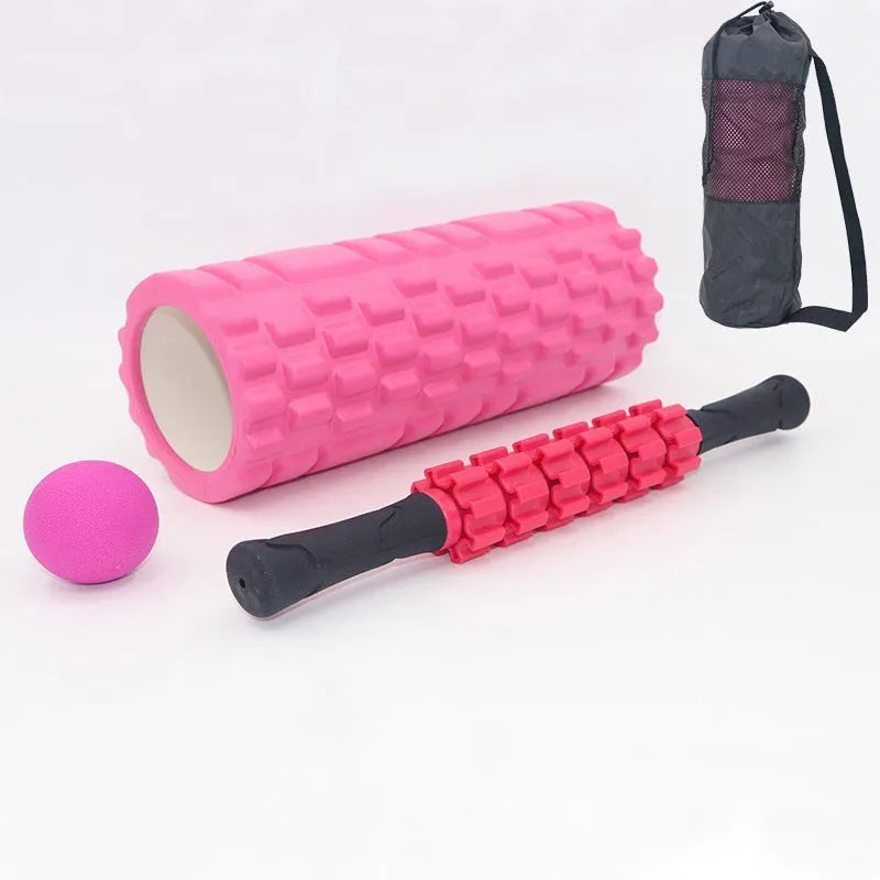 Black six-piece segmented foam massage roller measuring 33cm in length