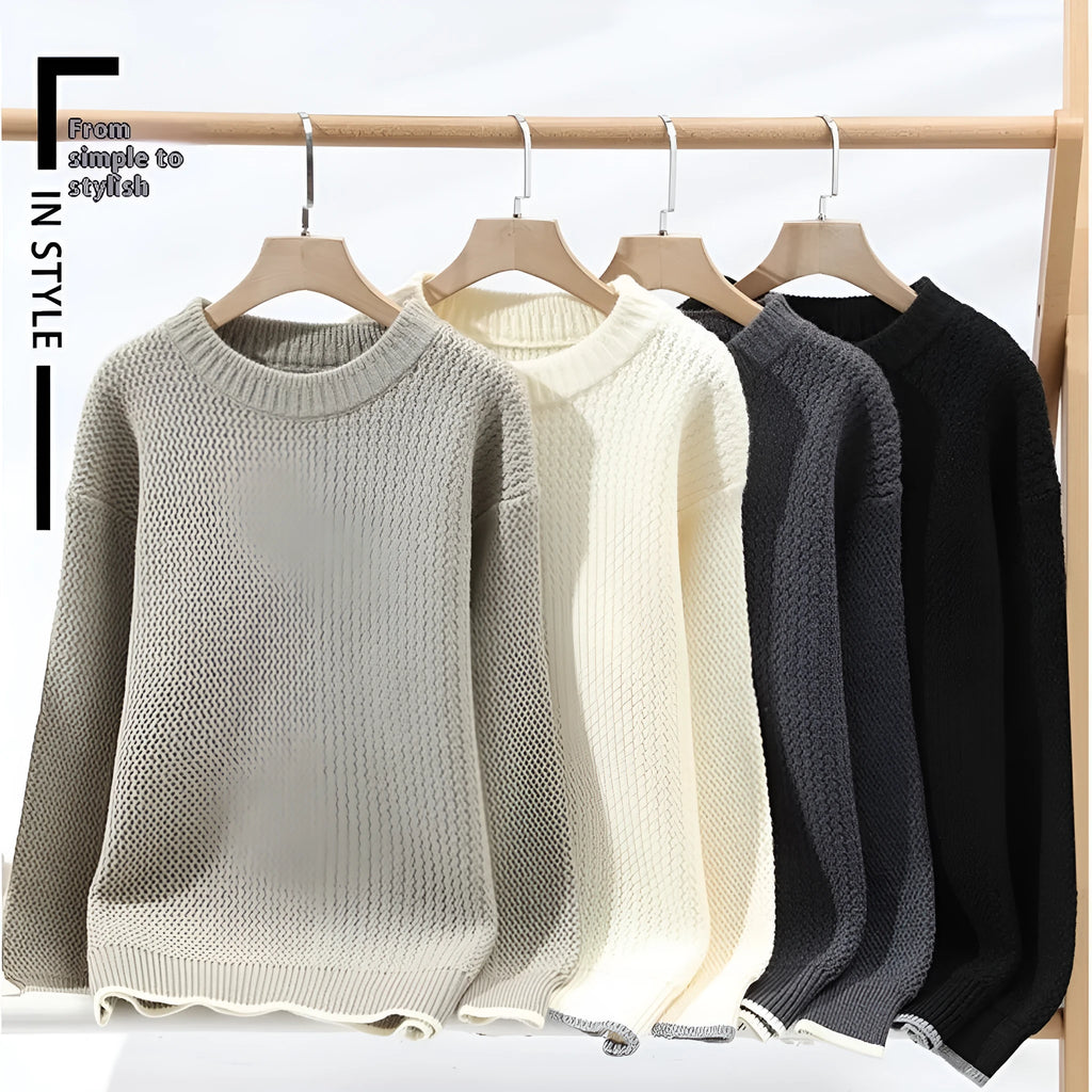 Men's grey loose fit round neck pullover sweater with long sleeves for autumn wear