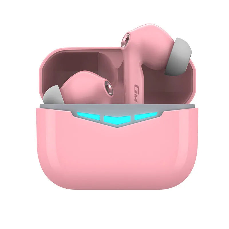 True wireless in-ear Bluetooth gaming earbuds with charging case in black, pink, white, or grey.