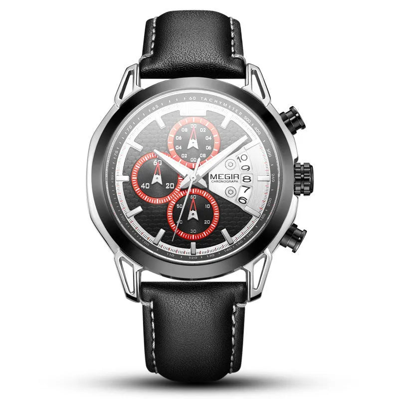 Men's black multifunctional waterproof luminous watch with leather strap and chronograph display
