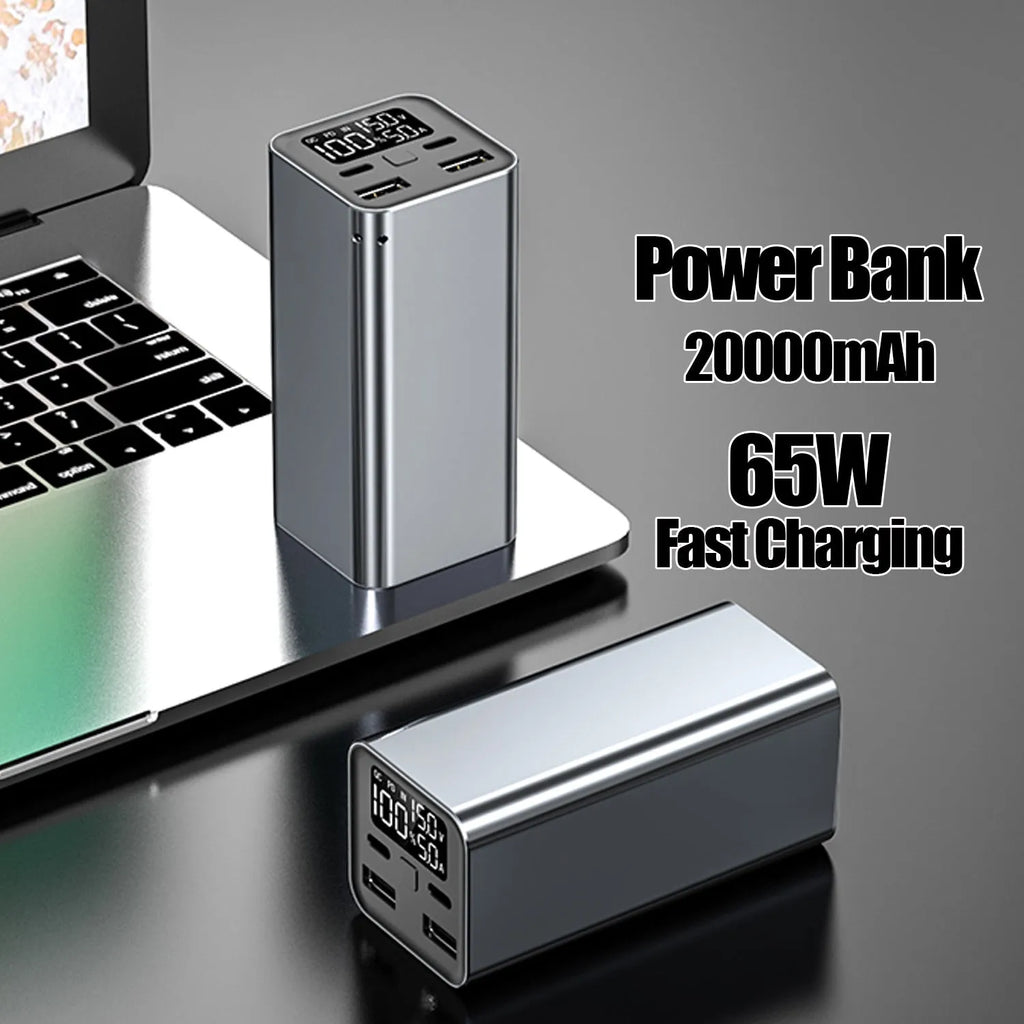 Black metal 65W high-power laptop charging bank showing size and USB-C port.