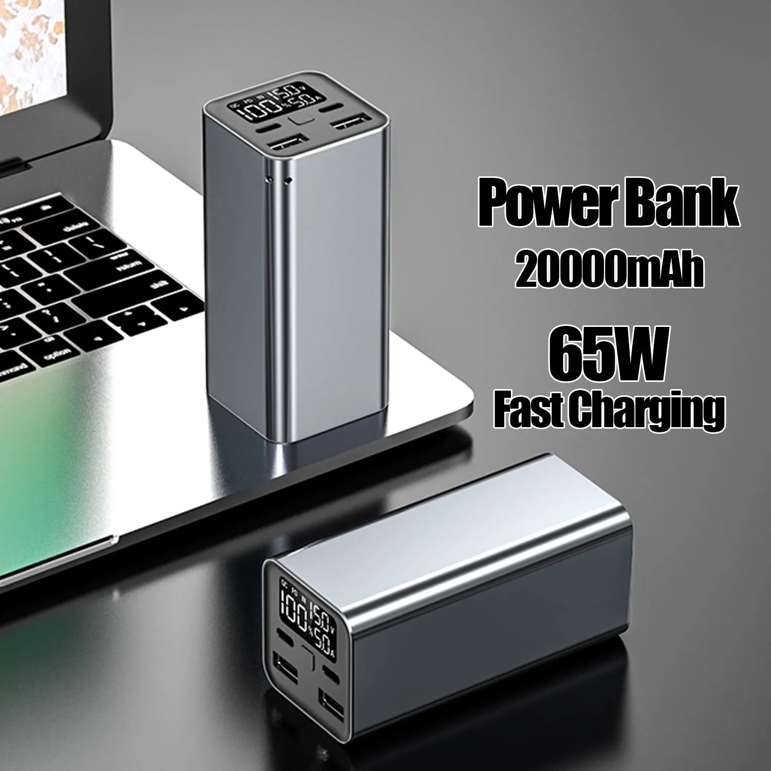 Black metal 65W high-power laptop charging bank showing size and USB-C port.
