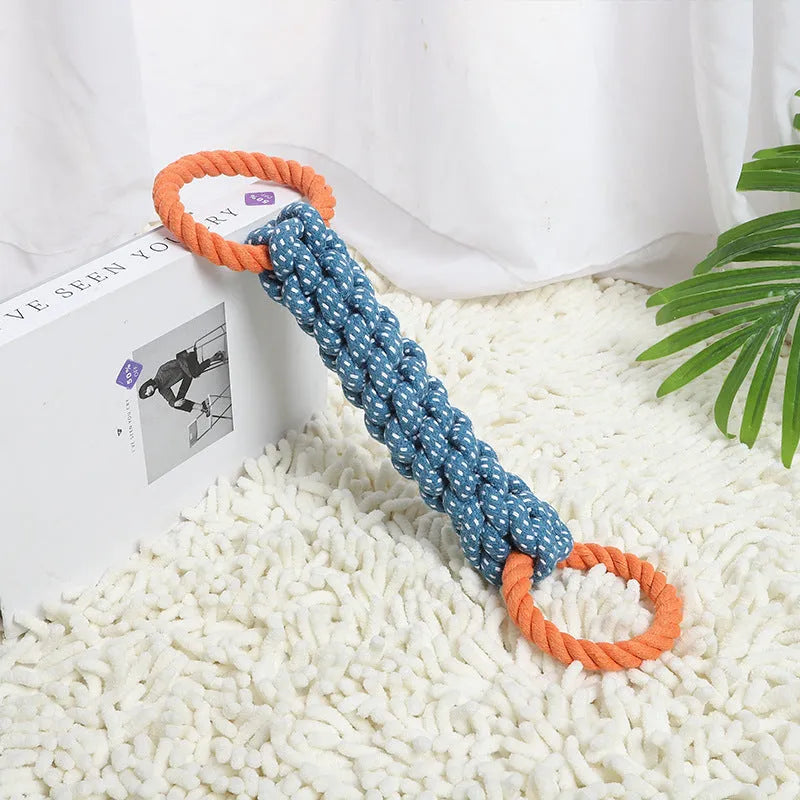 Blue braided cotton bone rope dog toy with double rings for interactive play