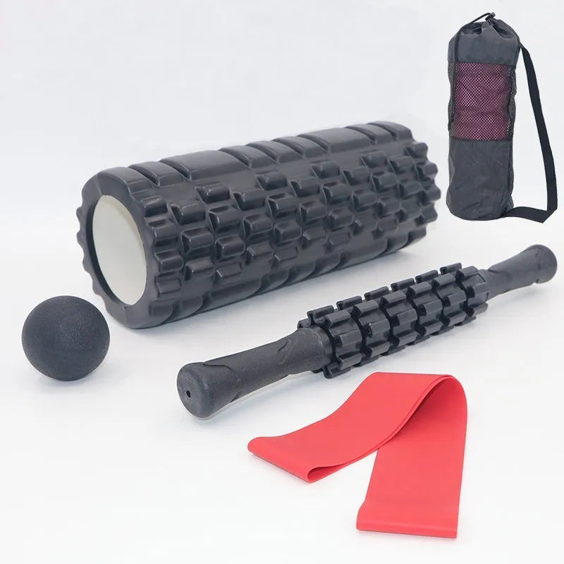 Black six-piece segmented foam massage roller measuring 33cm in length