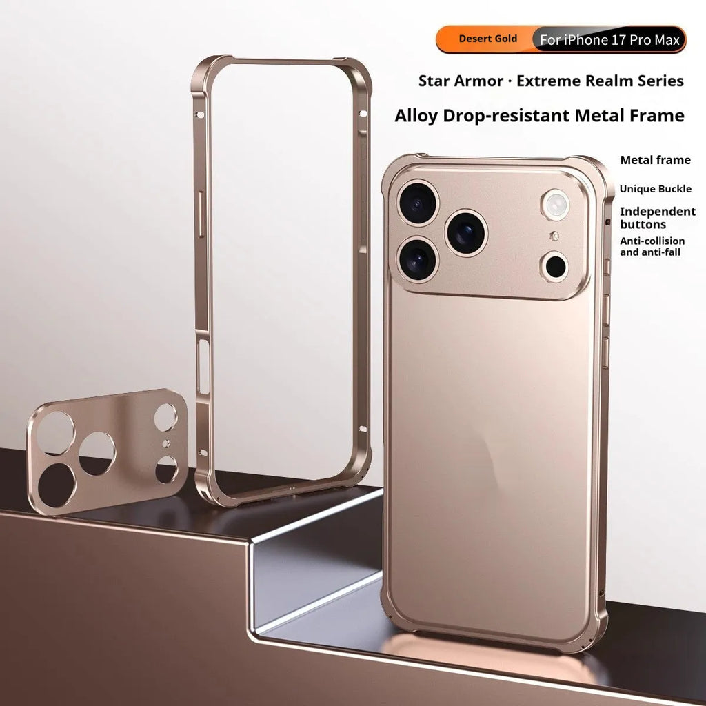 Alloy metal frame mobile phone case for iPhone 17 with seahorse buckle in a selection of five colours.