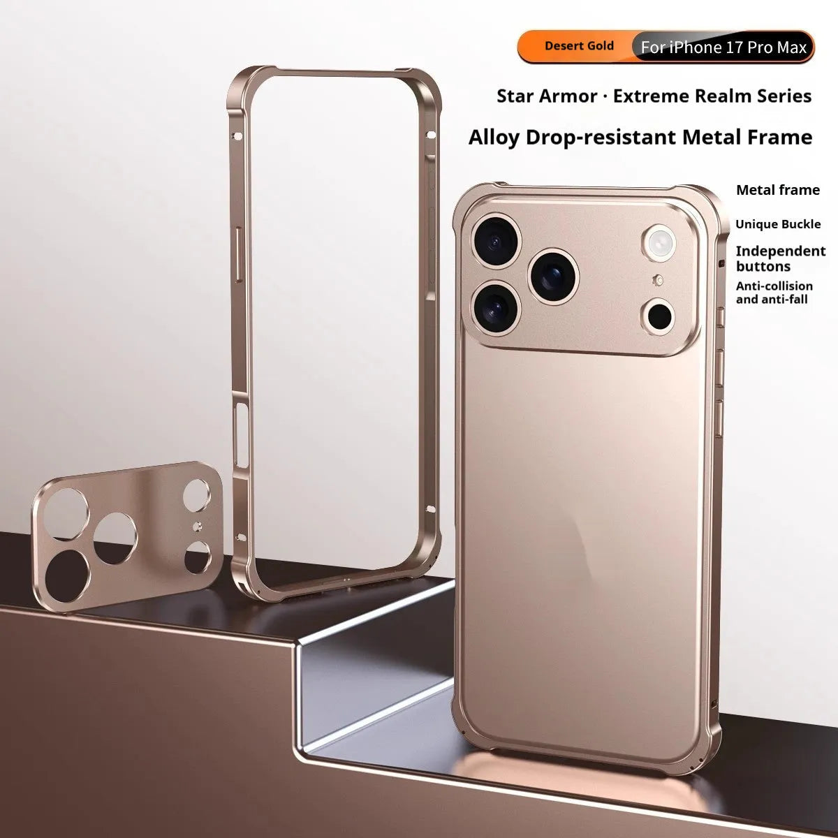 Alloy metal frame mobile phone case for iPhone 17 with seahorse buckle in a selection of five colours.