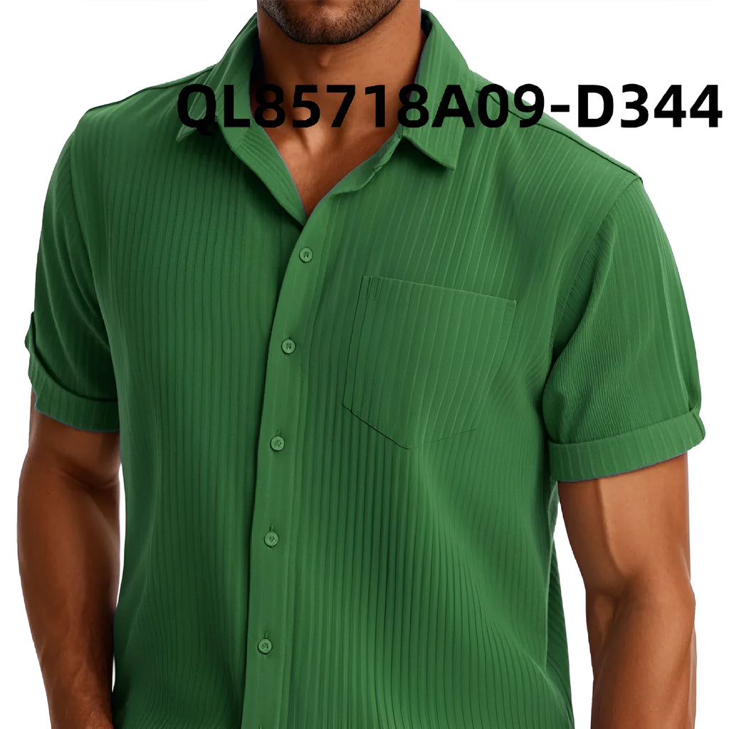 Men's loose fit short sleeve lapel shirt in printed polyester, shown in black line and white line colour options.
