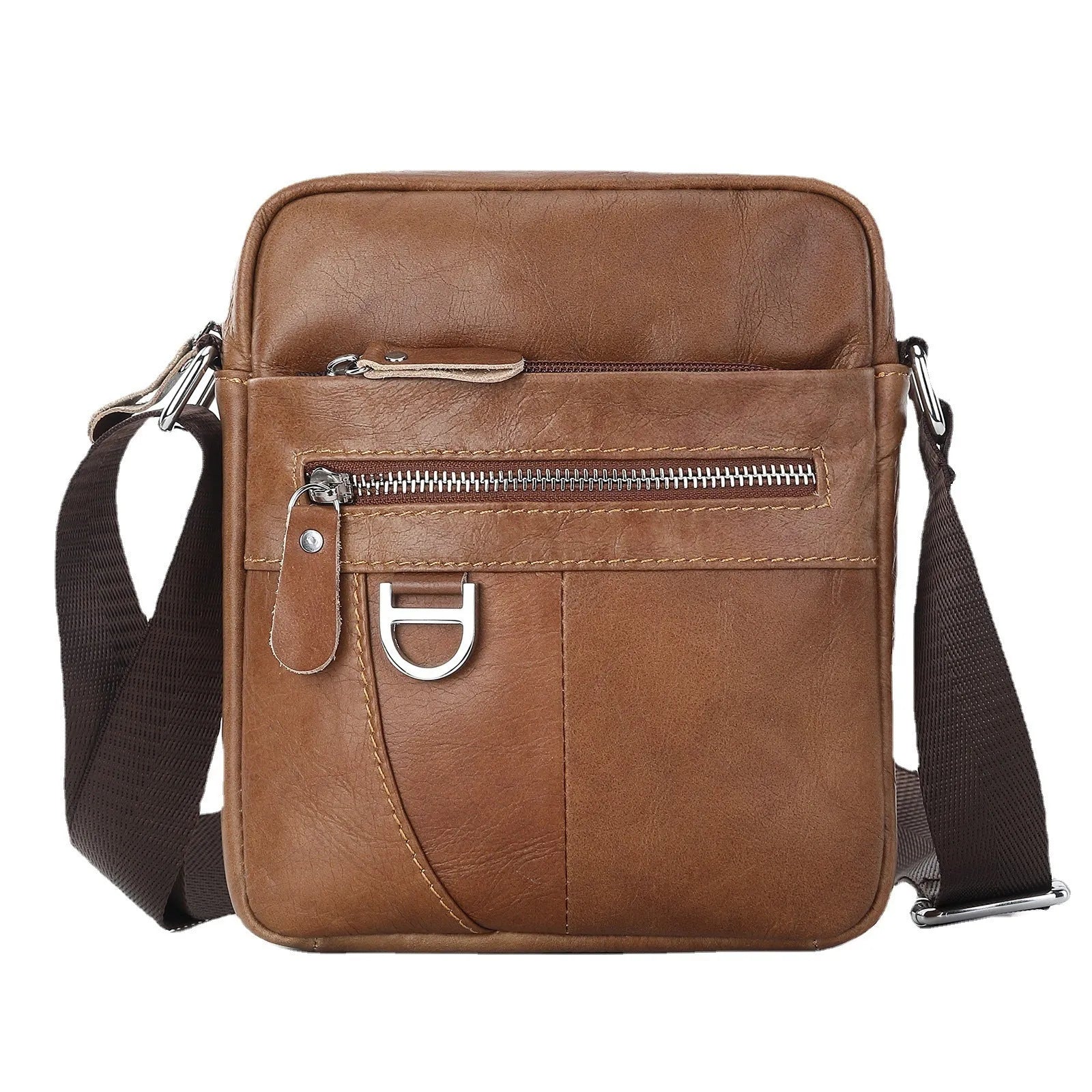 Brown genuine cattle leather messenger bag for boys with sewing line detailing, 8 inch size