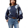 Sapphire blue women's pullover with floral jacquard pattern, off-neck design, and loose casual fit