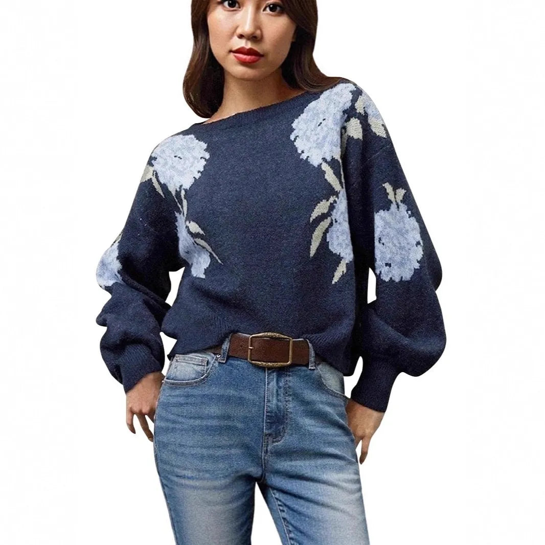 Sapphire blue women's pullover with floral jacquard pattern, off-neck design, and loose casual fit