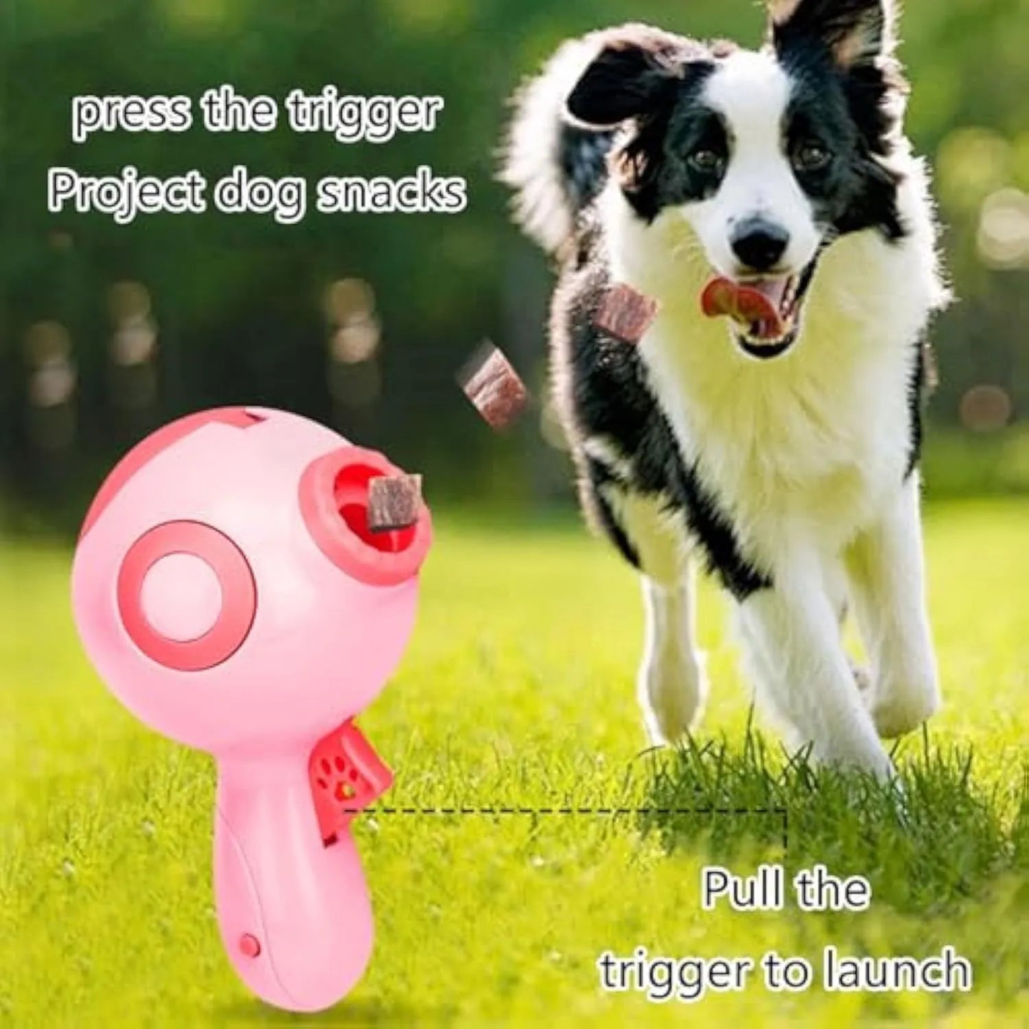 Green, orange, and pink dog treat launcher toy for interactive feeding and training.