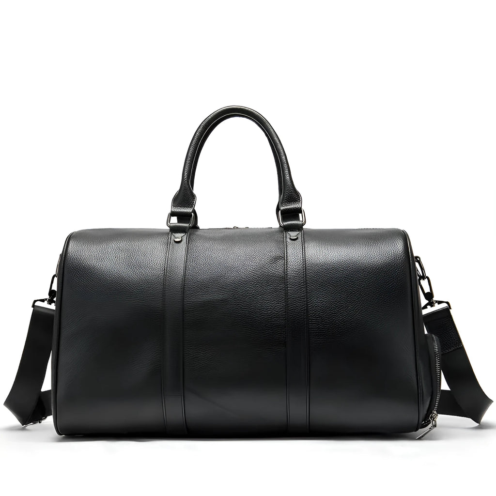 Men's black leather excursion bag with single shoulder strap showing spacious interior