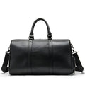 Men's black leather excursion bag with single shoulder strap showing spacious interior