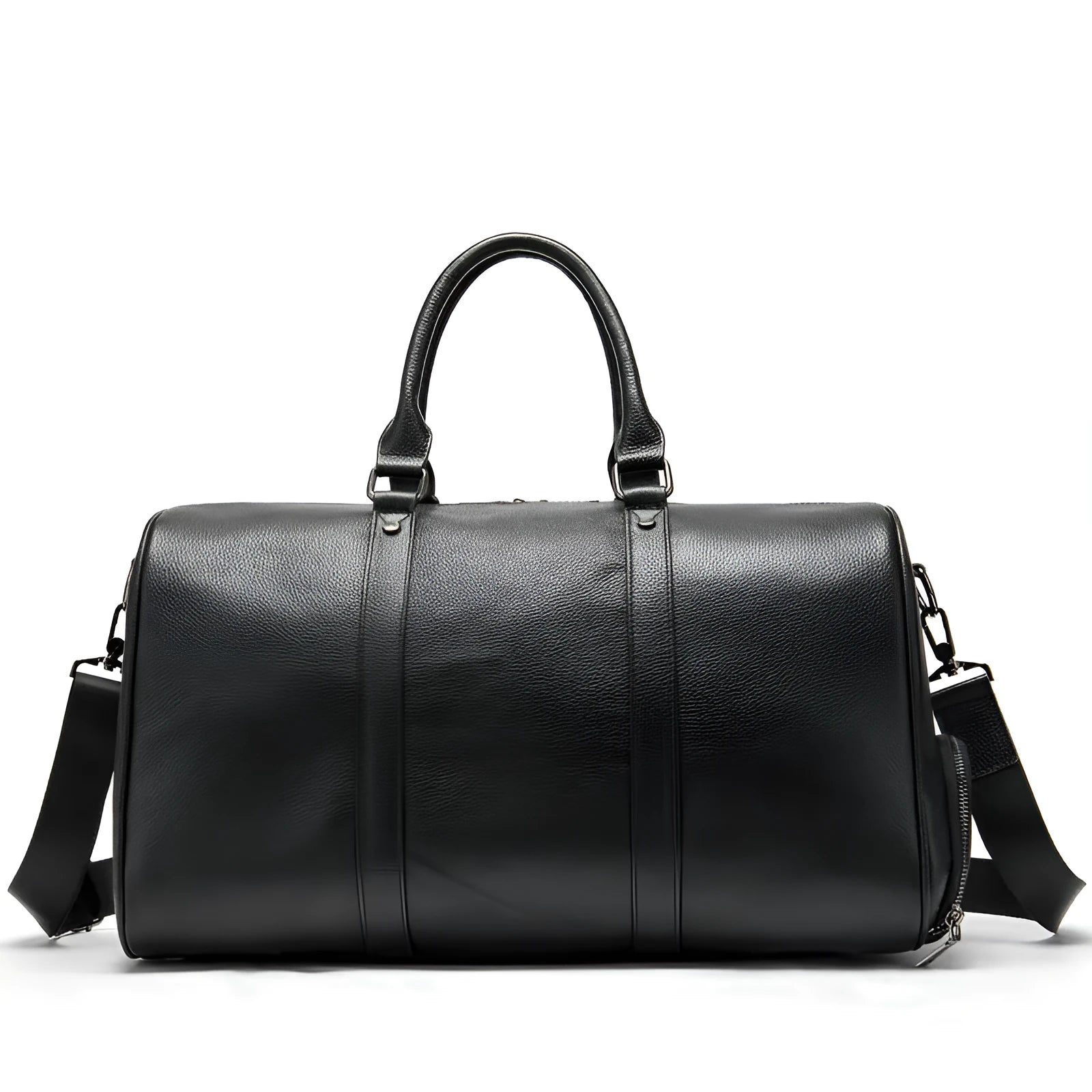Men's black leather excursion bag with single shoulder strap showing spacious interior