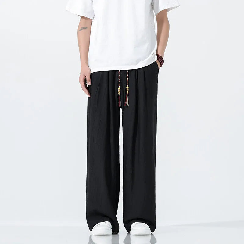 National Style men's straight-leg wide trousers in black, breathable bamboo spandex fabric