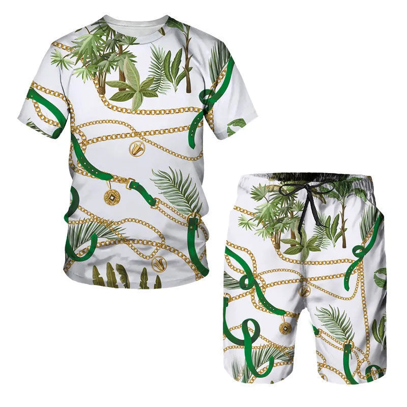 Chain pattern digital printed short sleeve T-shirt and shorts suit set in polyester fabric