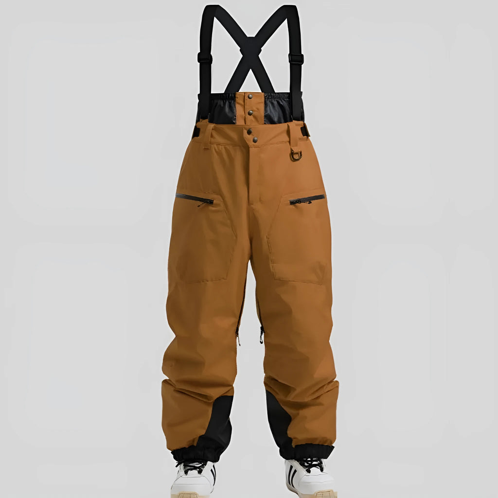 Men's black waterproof linen ski pants with flame retardant function on a size chart.