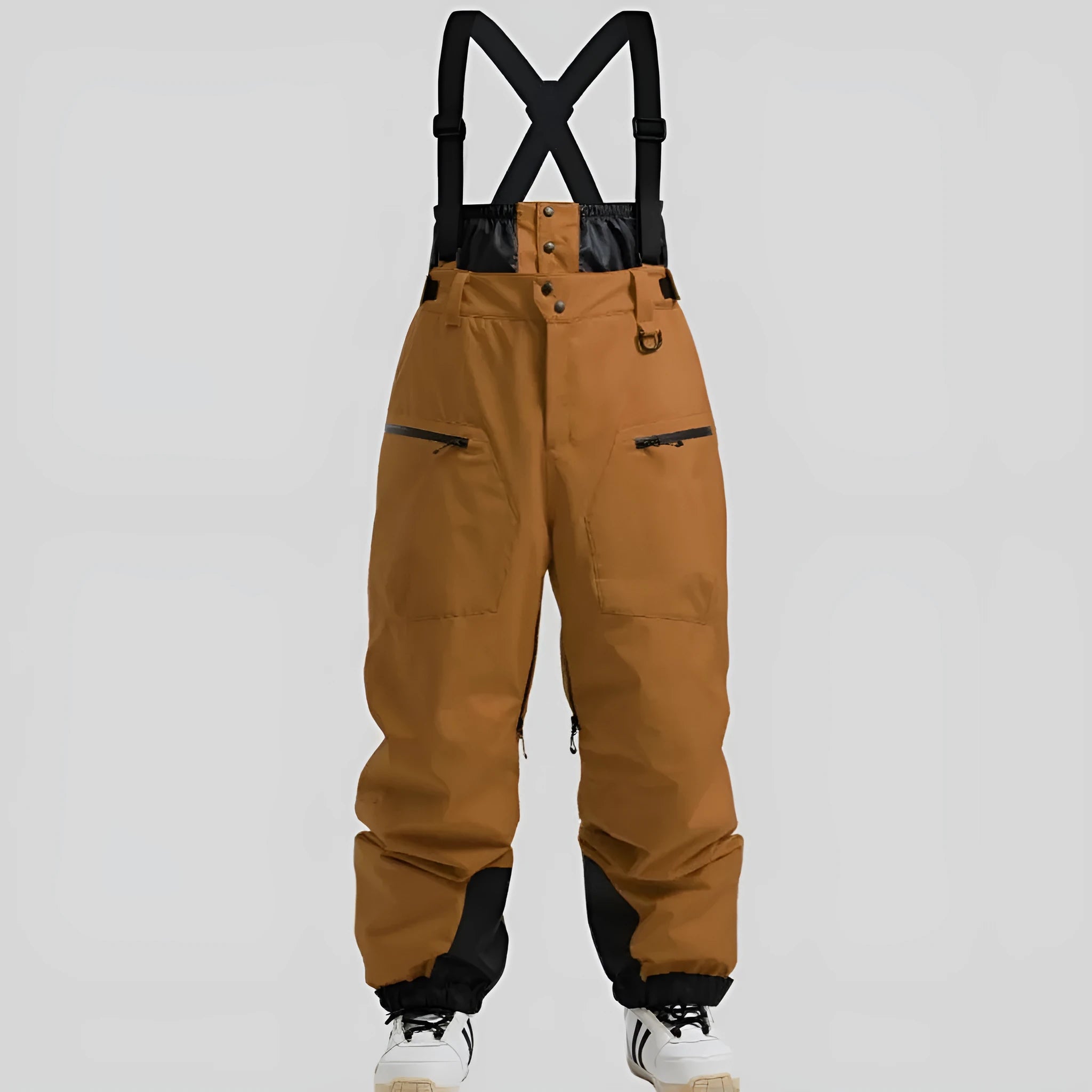 Men's black waterproof linen ski pants with flame retardant function on a size chart.