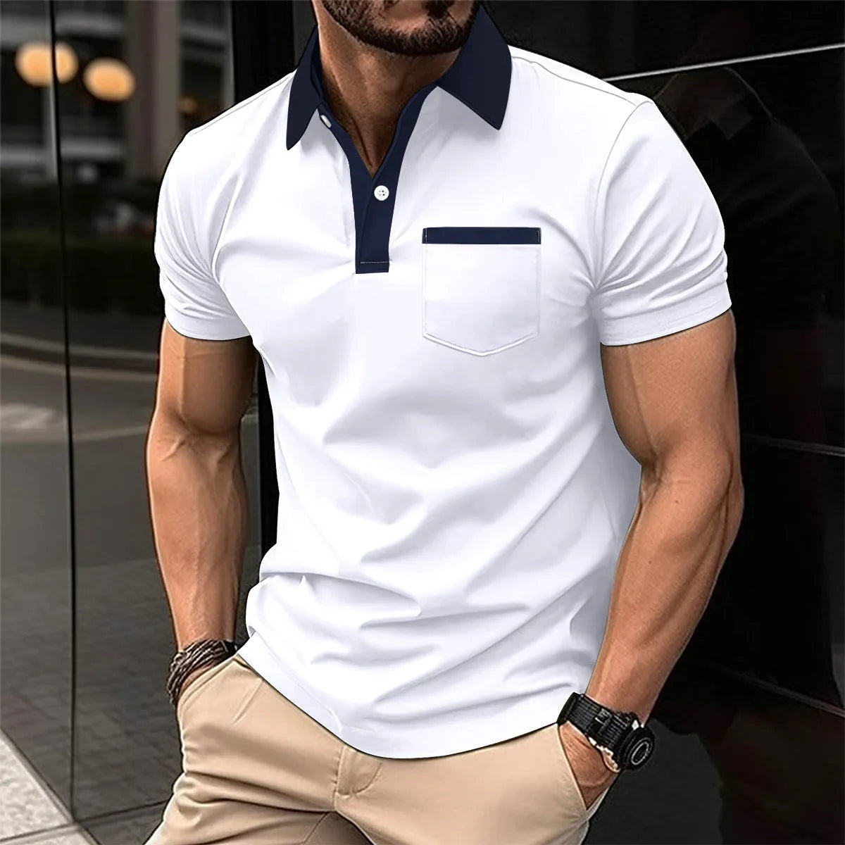 Men's cotton blend short-sleeve slim-fit polo shirt in navy blue with chest pocket, front view