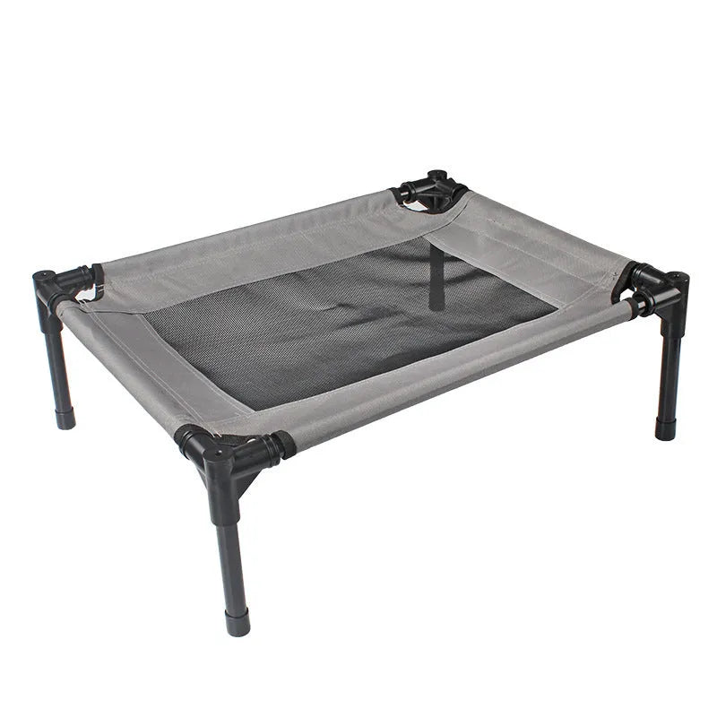 Black outdoor dog bed with removable Oxford cloth cover and steel frame, 55cm x 43cm