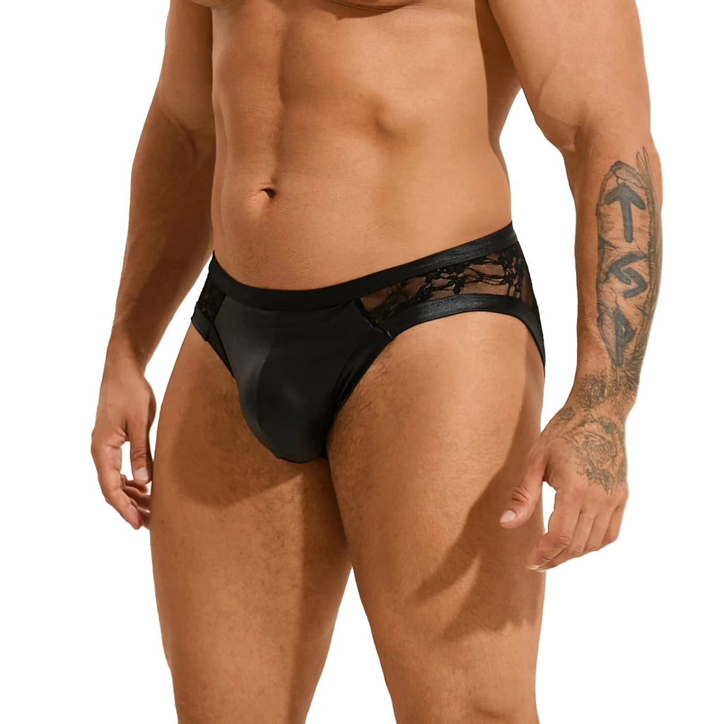 Black PU leather men's briefs with visible stitching and lace detailing on a mannequin.
