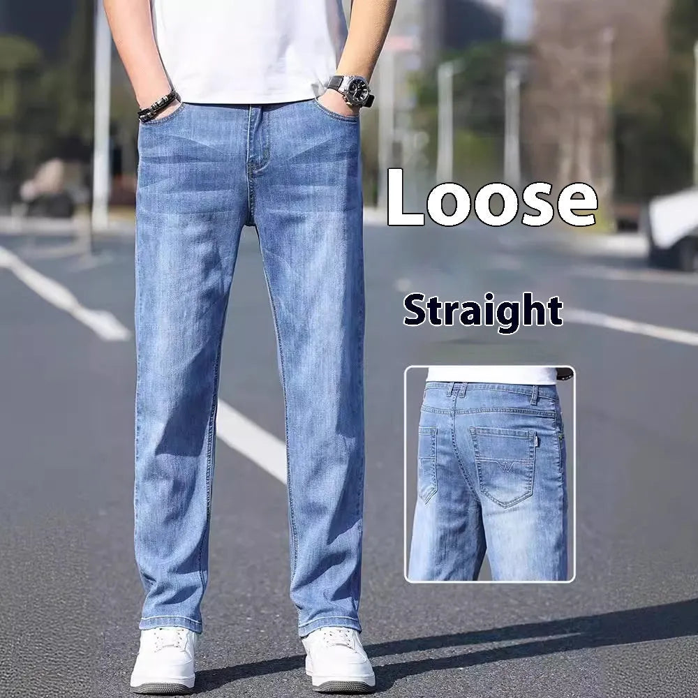 Tapered thin stretch denim trousers for business casual wear in light blue, gray, blue gray, and black.