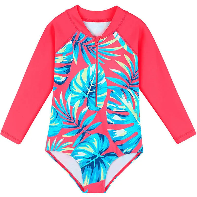 Girl's long-sleeve one-piece swimming suit in polyester briefs style