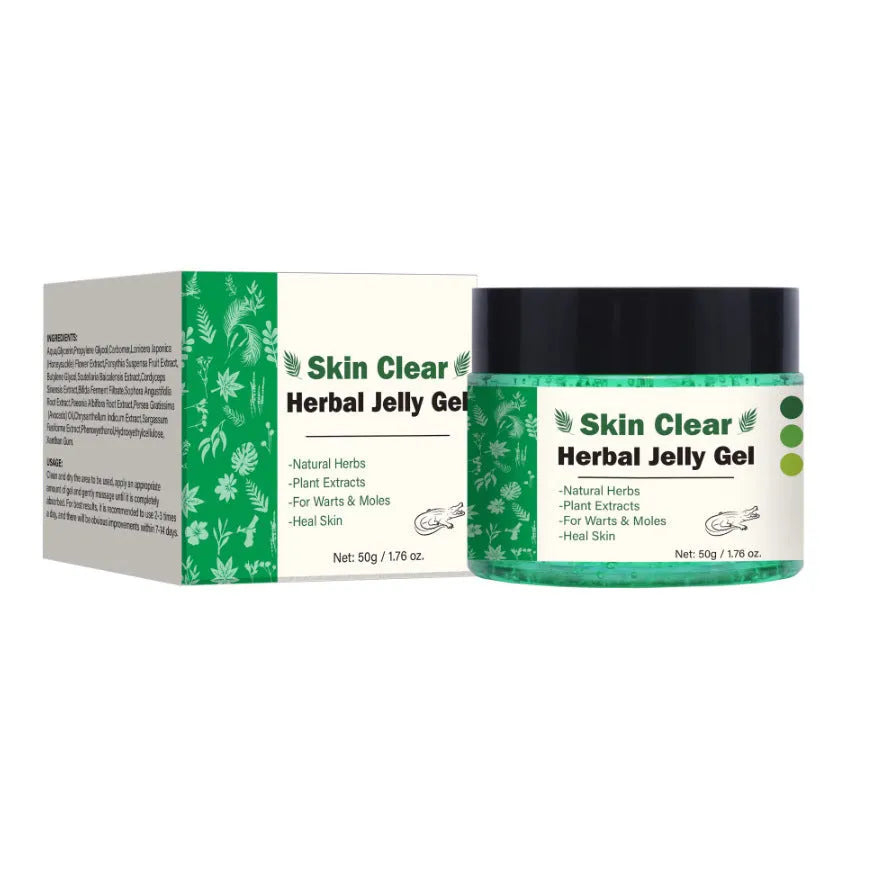 Clear herbal gel in 50g container for body care topical application